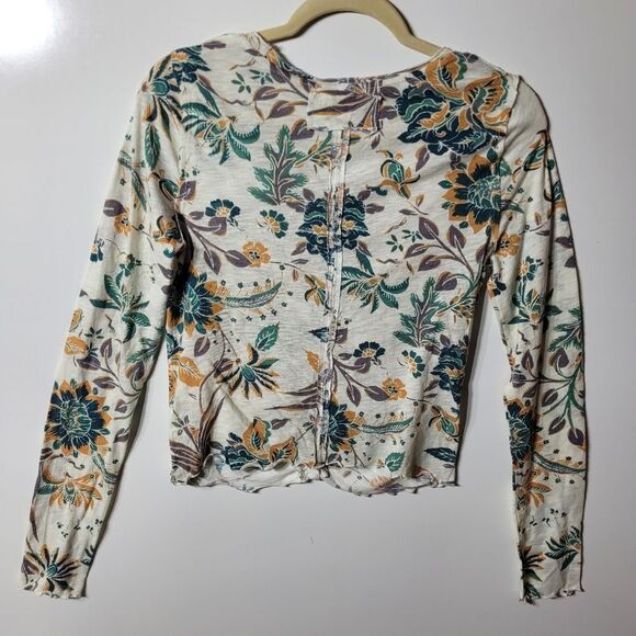 NEW L FREE PEOPLE TAN TEAL GREEN FLORAL LETTUCE LONG SLEEVE TOP LARGE NWT - Picture 4 of 7